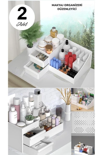 2 Adet Rose Makyaj Organizer - Çekmeceli Katlı Kozmetik Parfüm Krem Serum Düzenleyici Çok Gözlü - 3