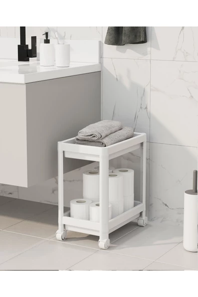 Maja Beyaz 2 Katlı Tekerlekli Banyo Havlu Rafı Dolabı Mutfak Tezgah Altı Düzenleyici Detarjanlık - 3