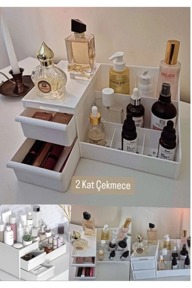 Hediyeli Rose Makyaj Ruj Parfüm Çekmeceli Kalemlik Makyaj Fırçası Organizeri Katlı Ofis Düzenleyici - 3