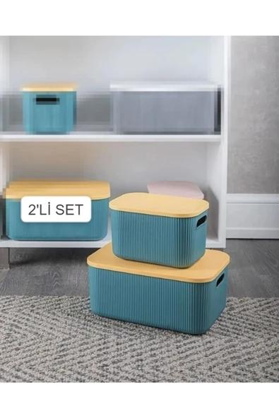 2'Li Set Storage 6 + 13 Lt Yeşil Dolap Düzenleyici Kapaklı Kutu Anaokulu Saklama Kutusu Organizer - 2