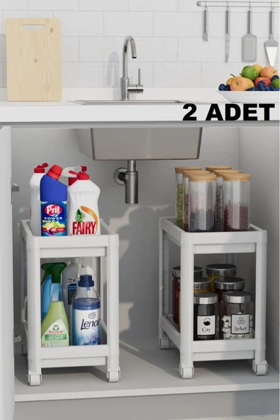 Maja 2 Adet Tekerlekli 2 Katlı Beyaz Düzenleyici Mutfak Rafı Banyo Rafı Tezgah Evye Altı Deterjanlık