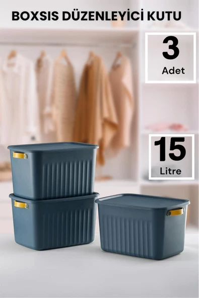 Boxsıs Mavi 3 Adet 15 Lt Düzenleyici Kapaklı Kutu Storage Dekoratif Dolap Içi Organizer