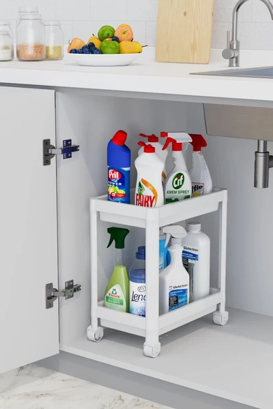 2 Katlı Maja Tekerlekli Beyaz Tezgah Altı Düzenleyici Raf Banyo Dolabı Mutfak Tezgah Evye Altı - 2
