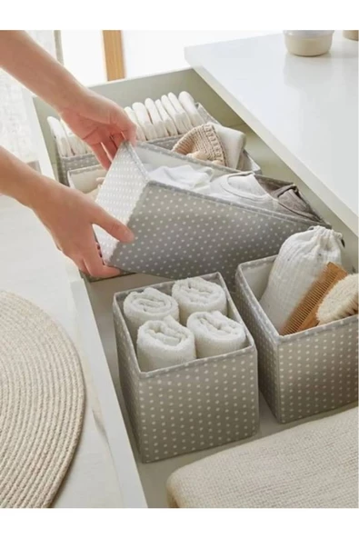 Coco Puantiyeli Çok Amaçlı 4'lü Set Çekmece Düzenleyici Çorap Iç Çamaşırı Şal Organizer Kumaş Kutu - Resim 2