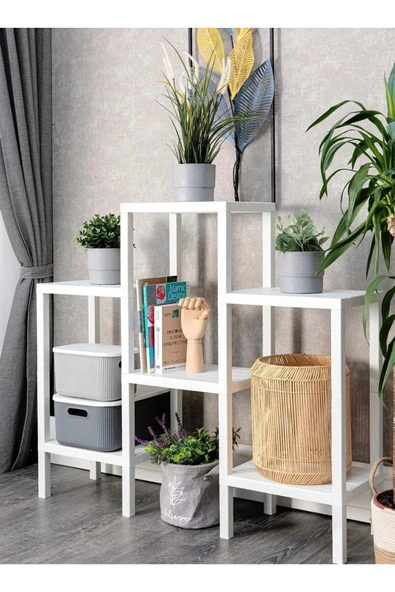 Shelf Piramit 6 Lı Beyaz Plastik Raf Ünitesi Çiçeklik, Banyo, Mutfak Rafı, Ayakkabılık, kitaplık