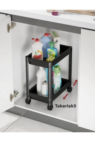 Maja 2 Adet 2 Katlı Siyah Tekerlekli Düzenleyici Mutfak Rafı Banyo Raf Tezgah Evye Altı Deterjanlık - 2