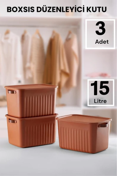 Boxsıs 3 Adet 15 Lt  Düzenleyici Kapaklı Kutu Storage Dekoratif Dolap İçi Organizer