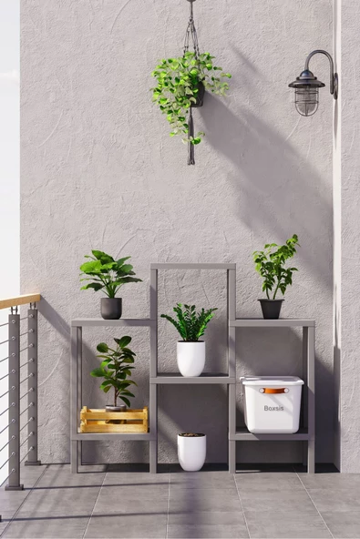 Ombeg 6 Katlı Gri Modüler Banyo Mutfak Balkon Teras Salon Rafı Düzenleyici Çiçeklik Raf Ünitesi