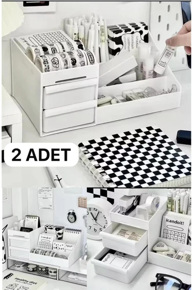 2 Adet Elegance Makyaj Ruj Oje Standı Rose Parfüm Kalemlik Masaüstü Makyaj Düzenleyici Çekmeceli Raf - 2