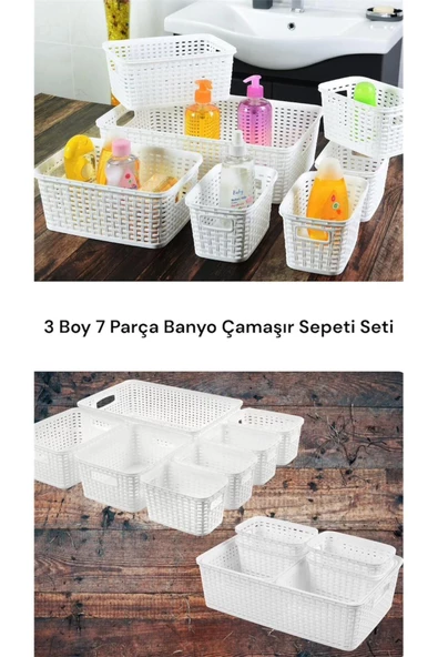 Bino 7 Parça Banyo Çamaşır Sepeti Seti - Banyo Organizer Kutu Kirli Sepeti