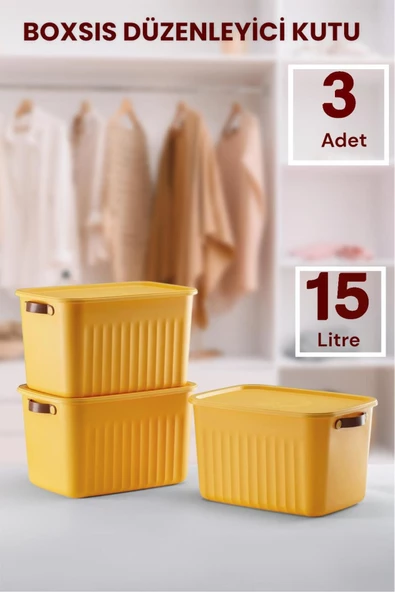 Boxsıs 3 Adet 15 Lt  Düzenleyici Kapaklı Kutu Storage Dekoratif Dolap İçi Organizer