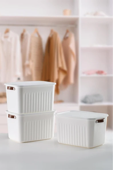 Boxsıs 3 Adet Beyaz 15 Lt  Düzenleyici Kapaklı Kutu Storage Dekoratif Dolap İçi Organizer - 2
