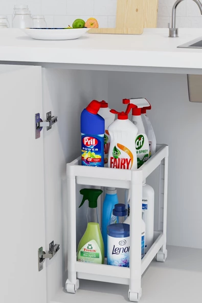 2 Katlı Maja Tekerlekli Beyaz Tezgah Altı Düzenleyici Raf Banyo Dolabı Mutfak Tezgah Evye Altı