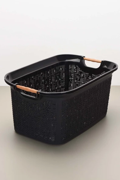 Woow 30 Lt Ahşap Siyah Saplı Sele Çamaşır Sepeti - Kirli Sepeti - Plastik Sepet- Siyah - 4