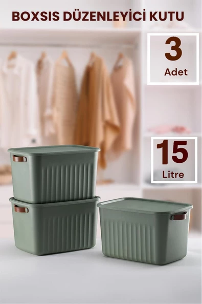 Boxsıs 3 Adet Yeşil  15 Lt  Düzenleyici Kapaklı Kutu Storage Dekoratif Dolap İçi Organizer
