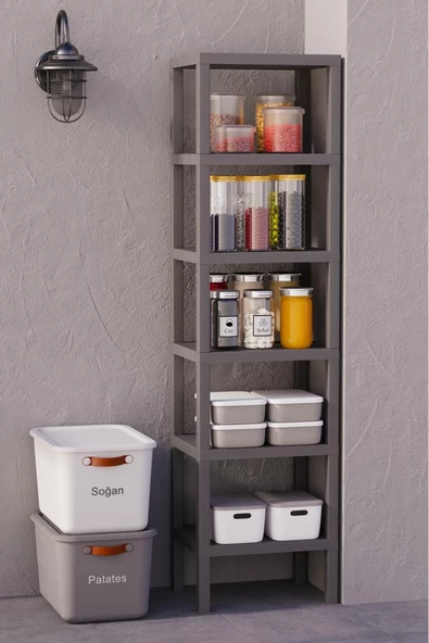 Ombeg 6 Katlı Gri Modüler Banyo Mutfak Balkon Salon Rafı , Çocuk Odası Kitaplık Raf Anaokulu Rafı - 3