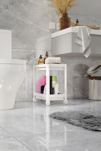 2 Katlı Maja Tekerlekli Beyaz Tezgah Altı Düzenleyici Raf Banyo Dolabı Mutfak Tezgah Evye Altı - 3