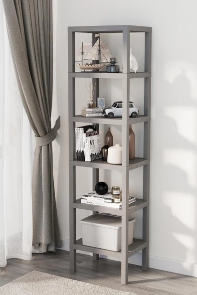 Shelf 6 Katlı Kitaplık Plastik Raf Ünitesi  Çiçeklik , Banyo Mutfak Rafı- Gri