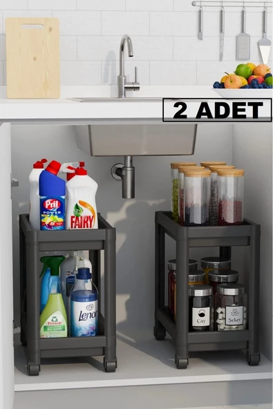 Maja 2 Adet 2 Katlı Siyah Tekerlekli Düzenleyici Mutfak Rafı Banyo Raf Tezgah Evye Altı Deterjanlık