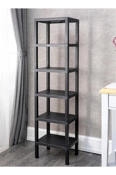 Shelf 2 Adet  6 Katlı Kitaplık Plastik Raf Ünitesi  Çiçeklik , Banyo Mutfak Rafı- Siyah - 3
