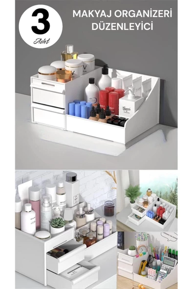 3 Adet Rose Makyaj Organizer Çekmeceli Katlı Kozmetik Parfüm Serum Düzenleyici çok gözlü Ruj Rafı - 2
