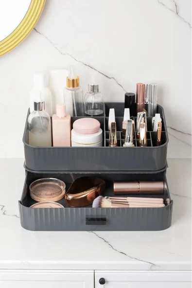 Pon Çekmeceli Makyaj Organizeri- Kozmetik Ruj Standı Parfüm Rafı Antrasit - 3