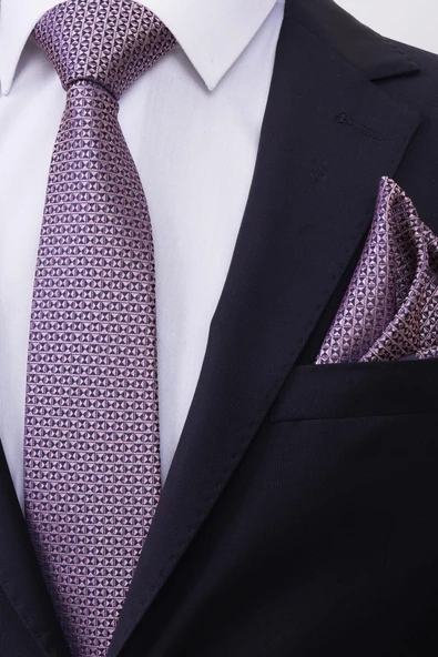 Esgue Hand Made 7.5 cm Pudra Pembe Desenli Mendilli Kravat - 2