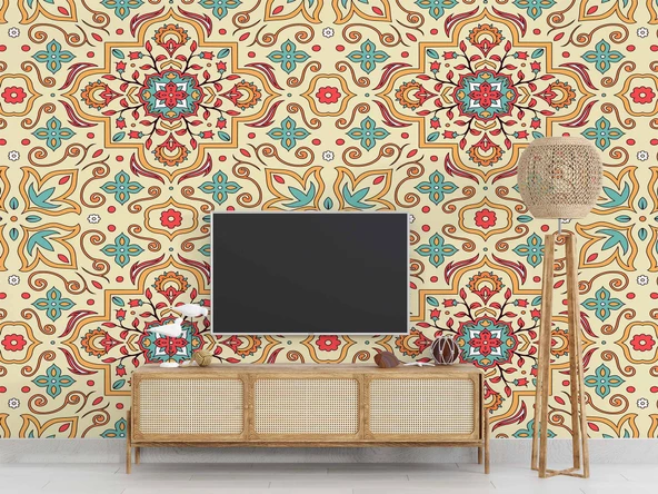 Renkli Çini Motifli Duvar Kağıdı - Resim 3