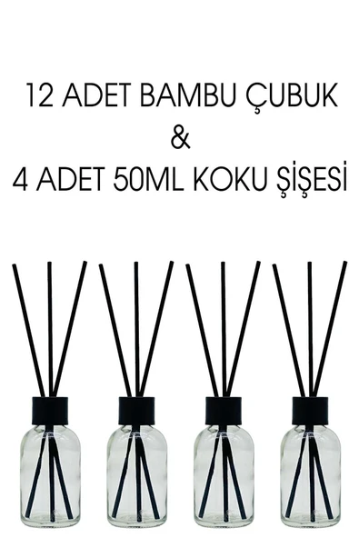 Cam Kavanoz Oda Kokusu Şişesi 50 Ml + 12'li Siyah Bambu Çubuk 20 cm - 4'lü Set