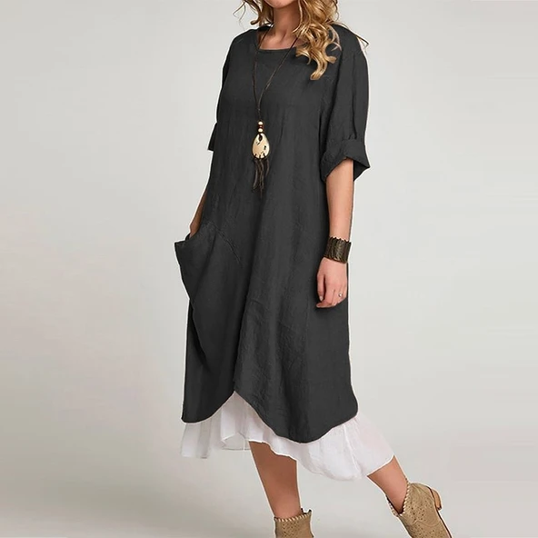 Günlük Tasarım Kadın Elbise Keten Yazlık - Resim 2