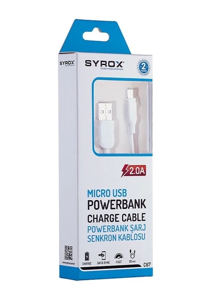 Syrox C67 Micro Usb - Usb Kısa Şarj Kablosu 2a 20cm - Beyaz