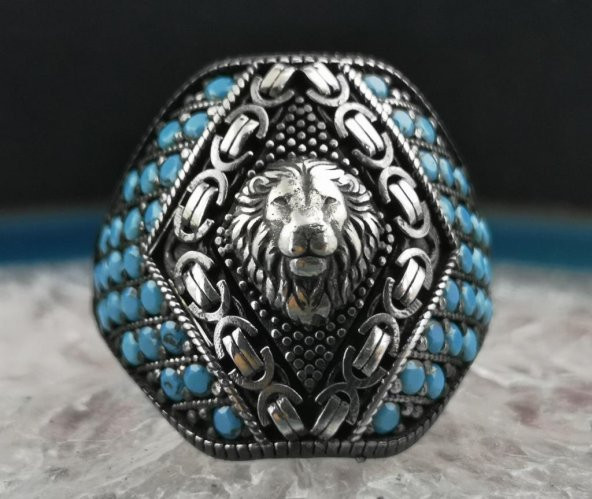 Özel Aslan Tasarımlı Mavi Mikro Taşlı 925 Ayar Gümüş Yüzük ürün görseli