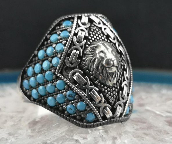 Özel Aslan Tasarımlı Mavi Mikro Taşlı 925 Ayar Gümüş Yüzük - Resim 3