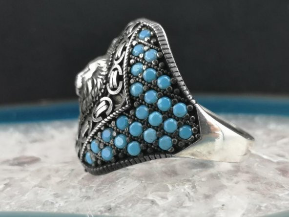 Özel Aslan Tasarımlı Mavi Mikro Taşlı 925 Ayar Gümüş Yüzük - Resim 4