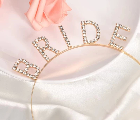 Altın Gold Renk Bekarlığa Veda Kristal Taş Bride Tacı İthal 16x10 Cm - 3