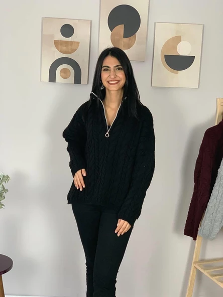 Oversize Geniş Kalıp Yarım Fermuarlı Dik Yaka Saç Örgülü Triko Kazak (Siyah) - Resim 5