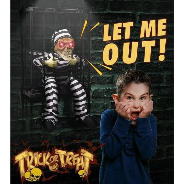 Hareketli Sesli Sensörlü Mahkum Görünümlü Kuru Kafa İskelet Dekorasyon 22x27 Cm - Resim 4