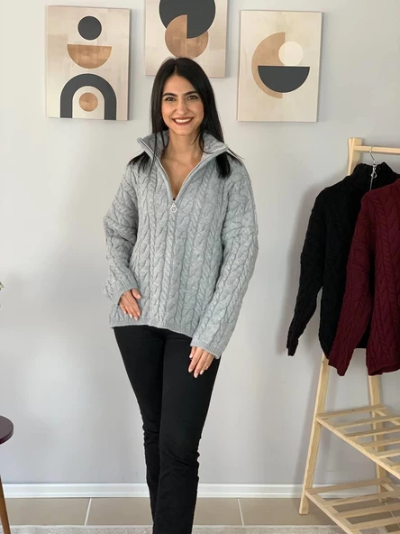 Oversize Geniş Kalıp Yarım Fermuarlı Dik Yaka Saç Örgülü Triko Kazak (Gri) - Resim 3