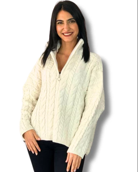 Oversize Geniş Kalıp Yarım Fermuarlı Dik Yaka Saç Örgülü Triko Kazak (Krem) ürün görseli