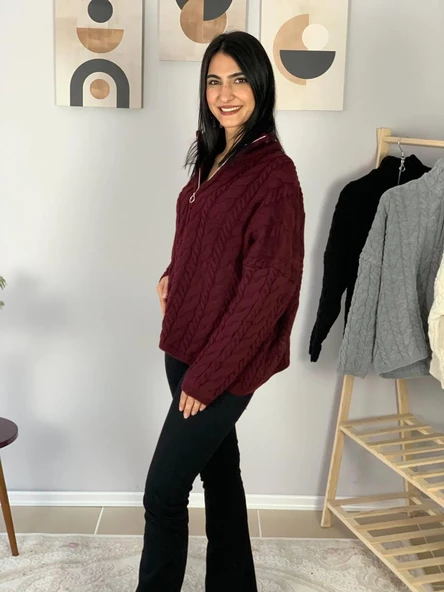 Oversize Geniş Kalıp Yarım Fermuarlı Dik Yaka Saç Örgülü Triko Kazak (Bordo) - Resim 5