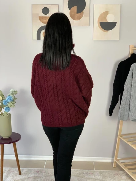 Oversize Geniş Kalıp Yarım Fermuarlı Dik Yaka Saç Örgülü Triko Kazak (Bordo) - Resim 6