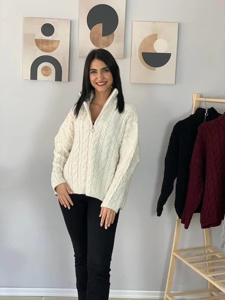 Oversize Geniş Kalıp Yarım Fermuarlı Dik Yaka Saç Örgülü Triko Kazak (Krem) - Resim 2