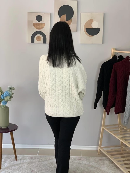 Oversize Geniş Kalıp Yarım Fermuarlı Dik Yaka Saç Örgülü Triko Kazak (Krem) - Resim 5