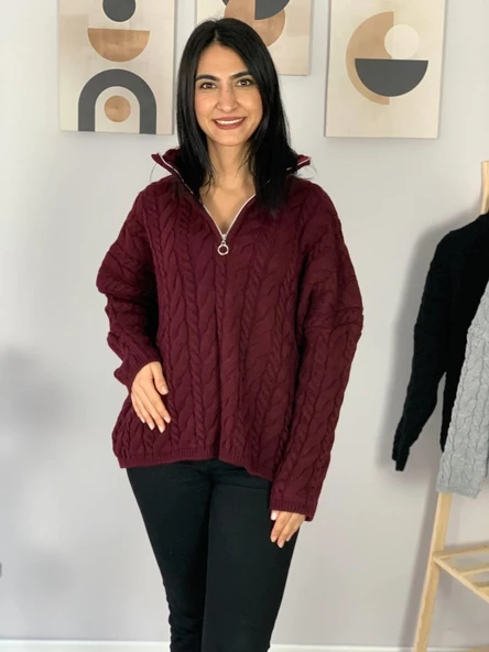 Oversize Geniş Kalıp Yarım Fermuarlı Dik Yaka Saç Örgülü Triko Kazak (Bordo) - Resim 2