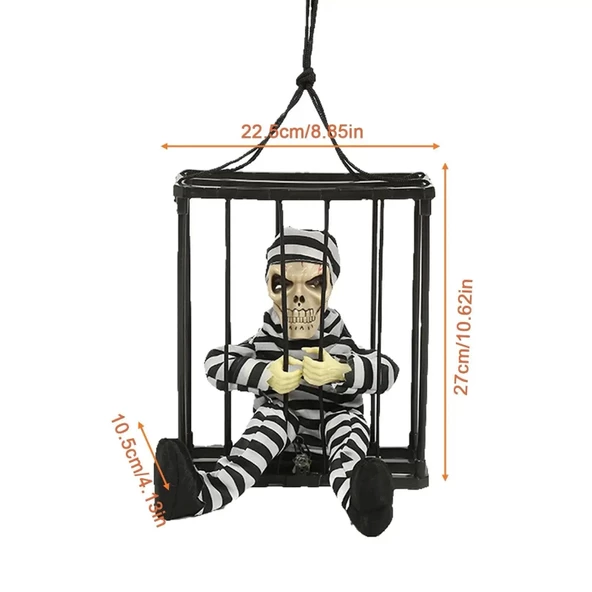 Hareketli Sesli Sensörlü Mahkum Görünümlü Kuru Kafa İskelet Dekorasyon 22x27 Cm - Resim 5