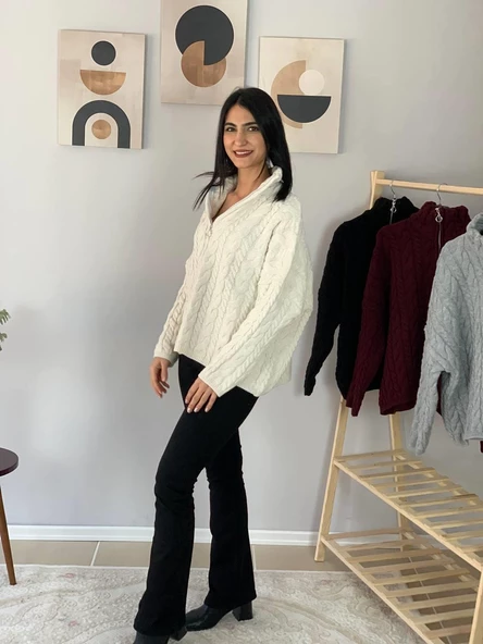 Oversize Geniş Kalıp Yarım Fermuarlı Dik Yaka Saç Örgülü Triko Kazak (Krem) - Resim 4