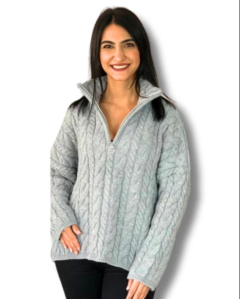 Oversize Geniş Kalıp Yarım Fermuarlı Dik Yaka Saç Örgülü Triko Kazak (Gri) ürün görseli