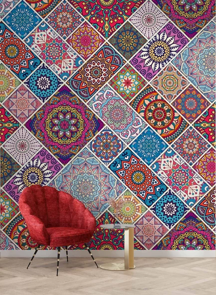 Rengarenk Çini Mandala Desenli Duvar Kağıdı - 6
