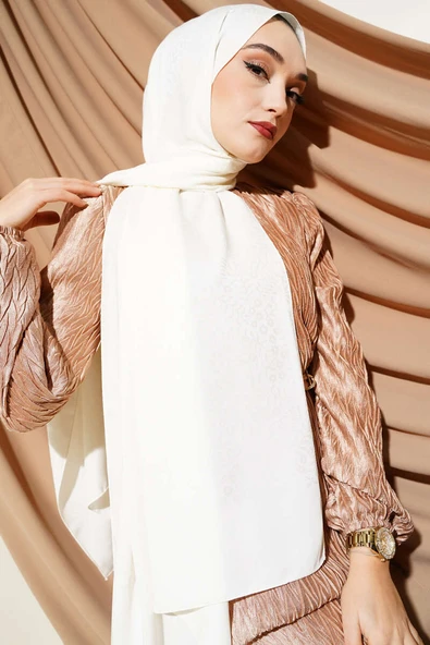 Mini Çiçekli Jakar Şal Ekru -22 - Resim 2