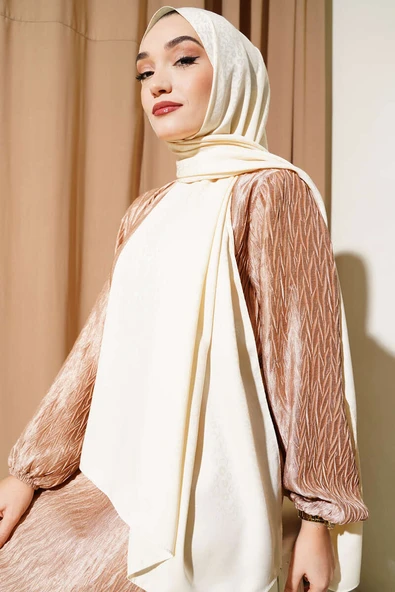 Mini Çiçekli Jakar Şal Krem -130 - Resim 2